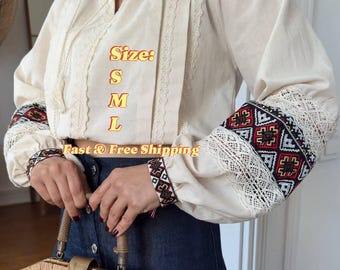 Boho Ukrainian Embroidered Blouse – Handmade Vintage-Inspired Vyshyvanka Crop Top with Geometric Sleeves | Folk Linen Peasant Shirt  Gift