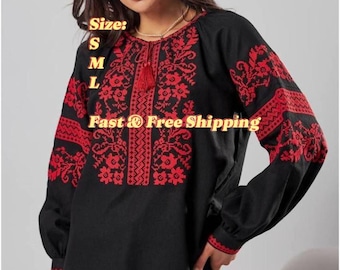 Ukrainian Black Vyshyvanka Blouse – Red Embroidered Linen Shirt – Traditional Ukrainian Clothing – Slavic Folk Boho Peasant Top