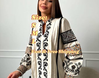 Witte geborduurde Vyshyvanka blouse - Veelkleurige Oekraïense top met bloemenprint