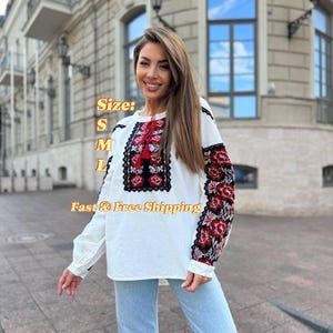 Ukrainian White Embroidered Blouse - Boho Long Sleeve Tie Neck, Ethnic Festival Style, Handmade Vintage Gift for Women Top with Tie Neck
