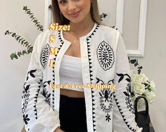 Traditional Ukrainian Vyshyvanka Blouse - Off-White Linen with Blue & Black Geometric Embroidery, Boho Ethnic Festival Gift for Women