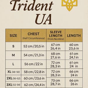 May include: Size chart for clothing with measurements in inches and centimeters. The chart shows chest, sleeve length, and length measurements for sizes S, M, L, XL, 2XL, and 3XL.