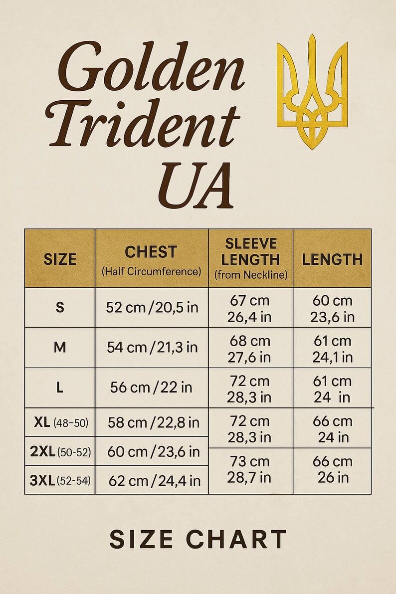 May include: Size chart for clothing with measurements in inches and centimeters. The chart shows chest, sleeve length, and length measurements for sizes S, M, L, XL, 2XL, and 3XL.
