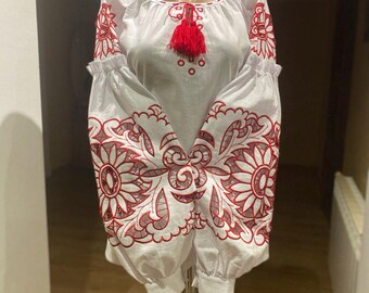 Ukrainian embroidered blouse, white with red embroidery, vyshyvanka, handmade