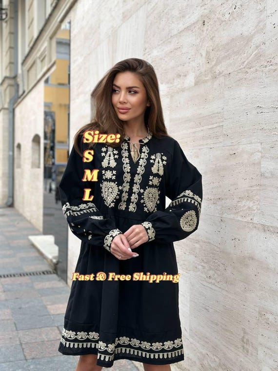 Black Embroidered Dress with Gold Details | Ukrainian Vyshyvanka Dress | Boho Folk Festival Outfit | Handmade Linen Clothing
