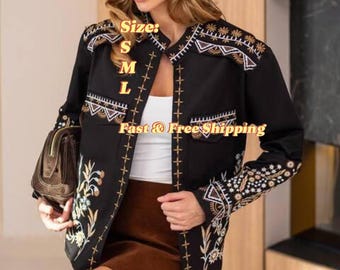 Chaqueta negra bordada bohemia / Blazer vyshyvanka ucraniano, abrigo folklórico étnico / Chaqueta de festival hecha a mano con bordado geométrico floral