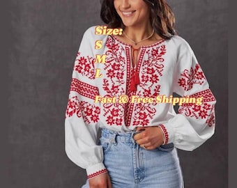 Ukrainian Vyshyvanka Blouse – White Linen Shirt with Red Embroidery, Handmade Traditional Folk Top, Boho Ethnic Clothing for Women