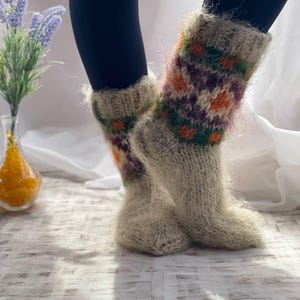 Patterned Fluffy Angora Footwear,  Wool Socks, Colorful Ethnic House Shoes, Soft Winter Gift Unisex Sizes 5-15