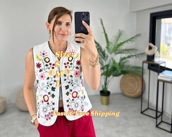 Bunte Blumen bestickte Weste - weißes ärmelloses Top im Boho-Stil mit V-Ausschnitt, ethnisches Festival Geschenk für Frauen, Vintage Chic-Stil
