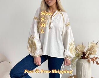 White Linen Embroidered Blouse with Golden Wheat | Ukrainian Vyshyvanka | Boho Folk Peasant Shirt