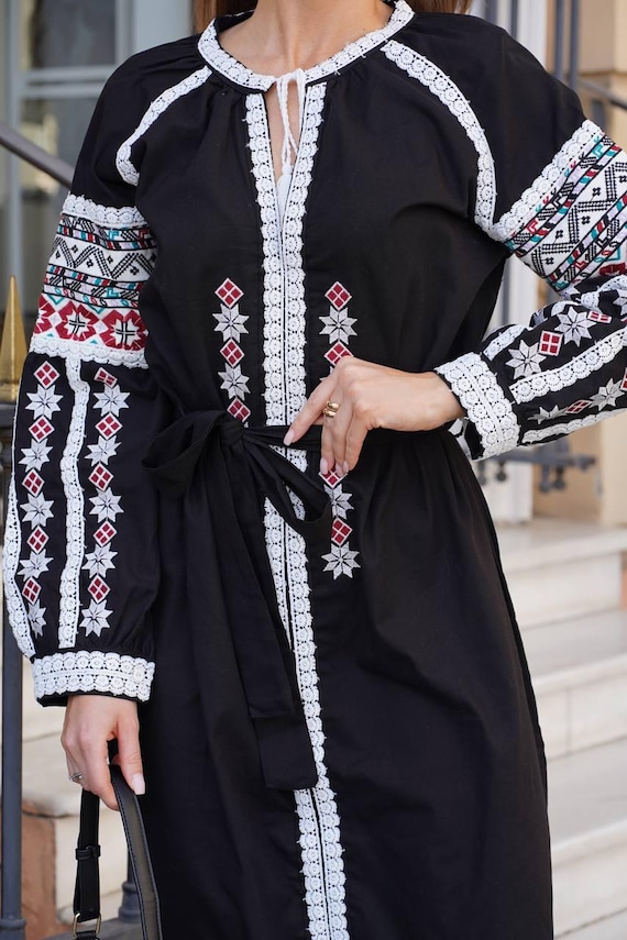 Red White Embroidered Maxi Dress - Black Boho Cotton With V-neck Tie,  Ethnic Festival Gift for Women, Vintage Style, Long Sleeve Elegance