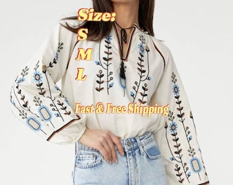 White Boho Embroidered Vyshyvanka Blouse - Ukrainian Cotton Tunic