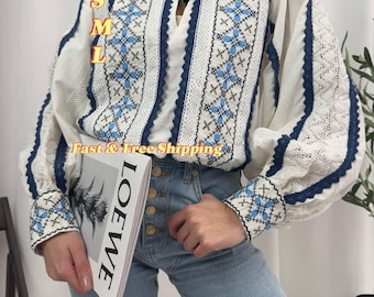 Boho Embroidered White Peasant Blouse - Navy Blue Floral Vyshyvanka Top, Long Sleeve with Tassel Ties Boho Top
