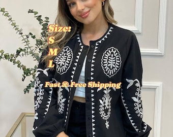 Traditional Ukrainian Vyshyvanka Blouse - Black Linen with White Geometric Embroidery, Boho Ethnic Festival Gift for Women