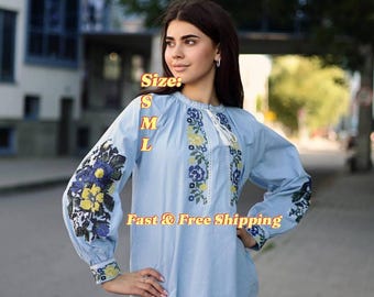 Blue Floral Embroidered Blouse: Boho V-Neck Cotton Top