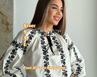 Boho Embroidered Blouse: Black Floral Vyshyvanka Style Cotton Top