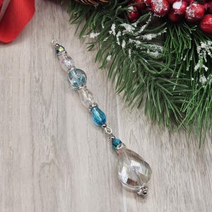 Christmas Tree Decorations |  Blue and Clear Glass Beaded Icicle Ornament | Handmade Holiday Decoration