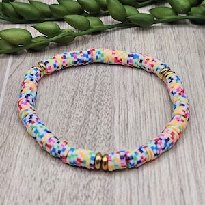 Colorful Heishi Bead Bracelet | Rainbow Boho Jewelry Gift for Women | Handmade Stretch Bracelet with Gold Accents | Stackable Bracelet