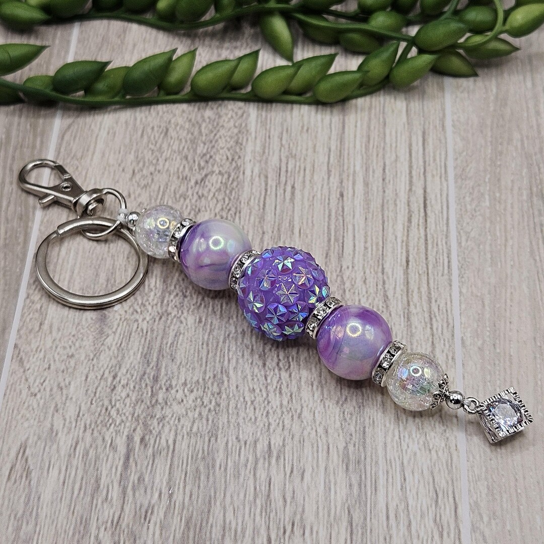 Purple and Silver Beaded Keychain | Handmade Rhinestone Purse Charm ...