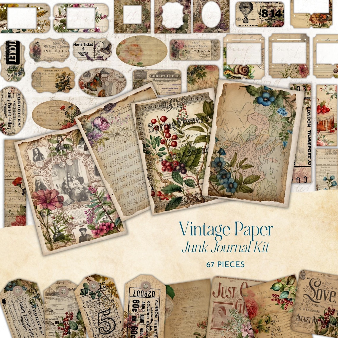 Vintage Paper Junk Journal Kit | Digital Ephemera | Vintage Scrapbook ...