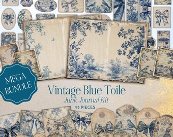 Vintage Blue Toile Junk Journal | Blue Bow Toile | Digital Ephemera | Vintage Scrapbook Paper | Paper Craft | Digital Download | Mega Bundle