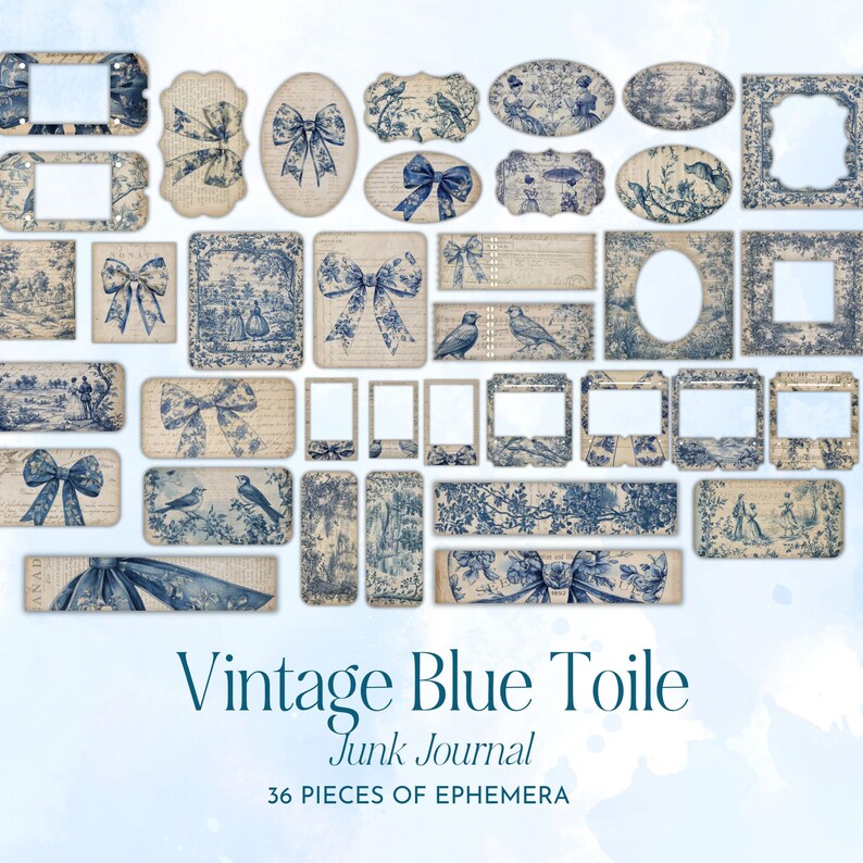 Junk Journal Vintage Blue Toile Ephemera Kit | Blue Bow Toile | Digital ...