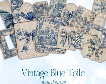 Junk Journal Vintage Blue Toile Ephemera Kit | Blue Bow Toile | Digital Ephemera | Vintage Scrapbook Paper | Paper Craft | Digital Download