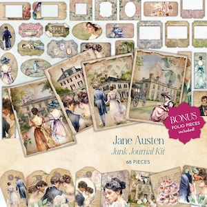 Può includere: Un kit di diario di scarto a tema Jane Austen con 68 pezzi. Il kit include immagini di coppie, case e altre illustrazioni in stile vintage. Il kit è perfetto per lo scrapbooking, la creazione di biglietti e altri lavoretti di carta.