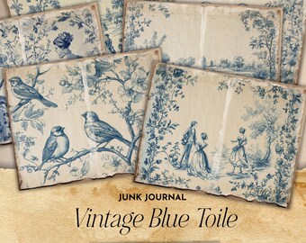 Blue Toile Junk Journal Pages | Vintage Pages | Printable Digital Paper | Aged Backgrounds | Instant Download for Scrapbooks