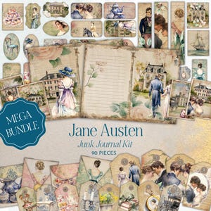 May include: A digital junk journal kit with 90 pieces featuring Jane Austen themed images. The kit includes images of couples, houses, teacups, and other vintage illustrations. The kit is perfect for scrapbooking, card making, and other paper crafts.
