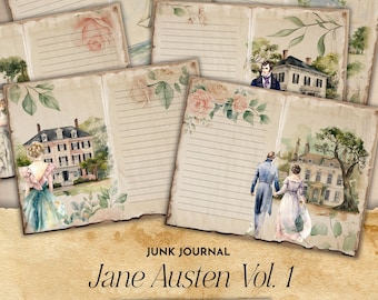 Jane Austen Junk Journal-pagina's | Vintage pagina's | Afdrukbaar digitaal papier | Verouderde achtergronden en gelinieerde pagina's | Direct downloaden voor plakboeken