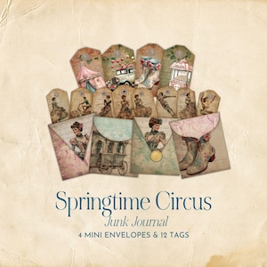 Springtime Circus-junkdagboek | Tags en enveloppen | Digitale ephemera | Vintage plakboekpapier | Papiermodellen | Digitale download