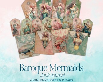 Baroque Mermaid Junk Journal | Ocean Life Printable Ephemera Kit | Vintage Tags and Envelopes | Digital Ephemera