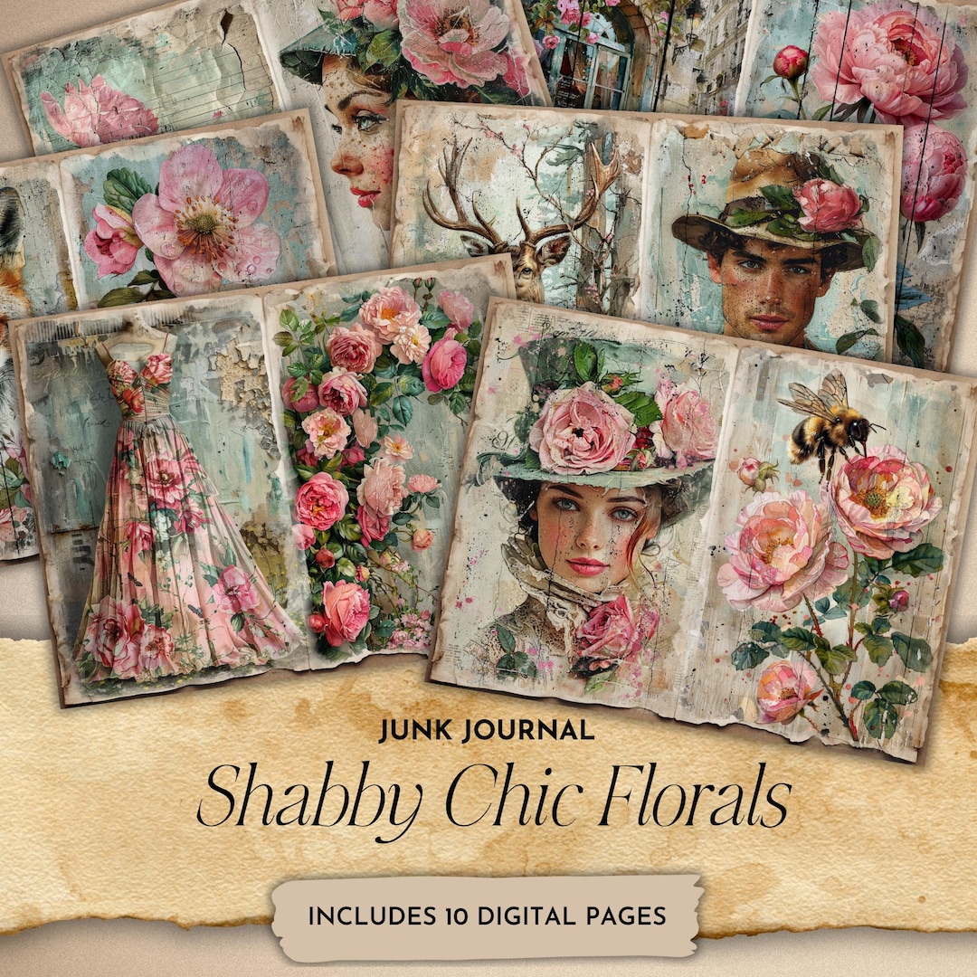 Shabby Chic Florals Junk Journal Pages | Antique Printable Paper | Aged ...