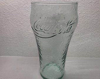 Collectible Vintage 1990s COCA COLA drinking glass pebble hammered textured green cup tumbler One Of A Kind Gift Old Classic Grandmas Attic