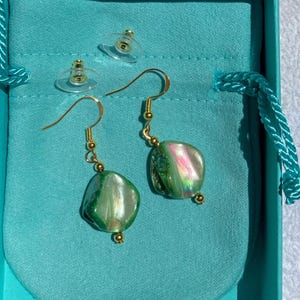 Green Iridescent Dangle Earrings, Gold Sterling Silver Earrings, Handmade Statement Jewelry, Emerald Green Drop Earrings Gift for Her