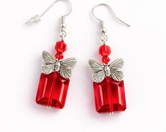 Red Crystal Butterfly Dangle Earrings