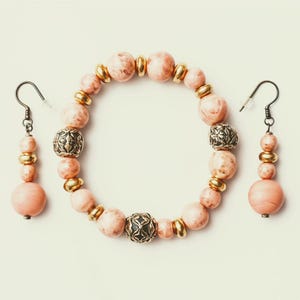 Handmade Pink Coral Beaded Bracelet with Two Pairs ofEarrings, Gift a Bracelet and Earrings set and keep a pair of earrings for yourself