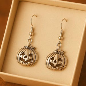 Handmade Silver Pumpkin Earrings: Jack-O-Lantern Dangles