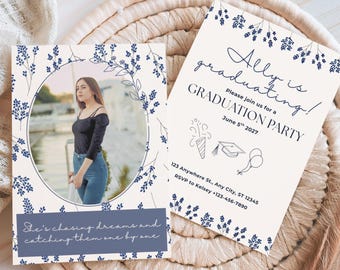 Editable Graduation Invitation Template - Blue Floral Graduation Party Invite - Instant Download - Class of 2025 Digital Card