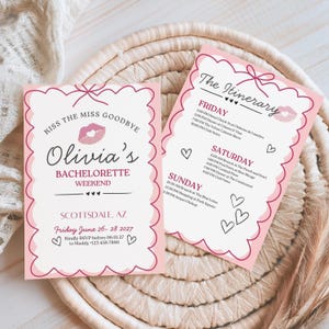 Bearbeitbarer Bachelorette Wochenendreiseplan | Kiss the Miss Goodbye Vorlage | Canva Digitaler Download
