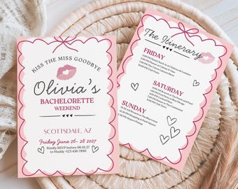 Editable Bachelorette Weekend Itinerary | Kiss the Miss Goodbye Template | Canva Digital Download