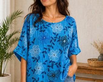 Dames bloemen katoenen tuniektop dames loose fit blouse zomer casual top VK 10-18