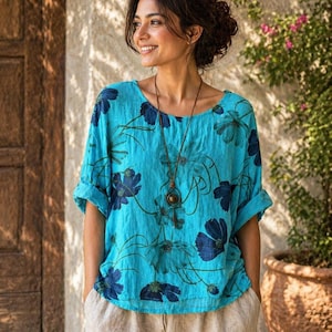 Ladies Floral Cotton Tunic Top Women Loose Fit Blouse with Necklace Summer Casual Top UK 10-18