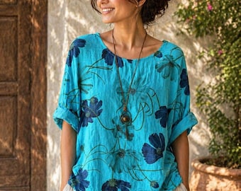 Ladies Floral Cotton Tunic Top Women Loose Fit Blouse with Necklace Summer Casual Top UK 10-18