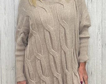 Cowl Neck Cable Knit Sweater: Women's Oversized Beige Jumper