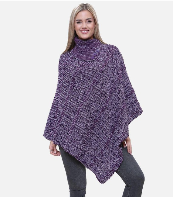 Ladies Handmade Cable Knit Poncho Button Cape Shawl Wrap Jumper