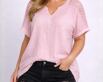 Blusa feminina com decote em V, renda de crochê, top de verão com lantejoulas, túnica de algodão folgada, top boho plus size, blusa leve para férias, tamanhos 8 a 22.