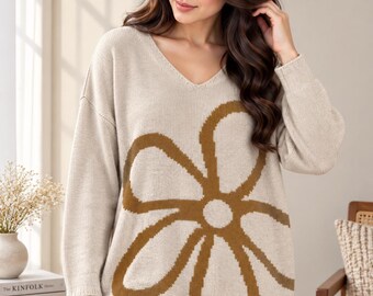 Ladies Oversized Floral Knit Sweater Women Italian Lagenlook Jumper, Plus Size Clothing