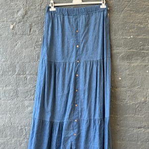 Boho Button Front Denim Maxi Skirt – Tiered Lightweight Blue Skirt, Size 10-14, Casual High Waist Jean Skirt for Women